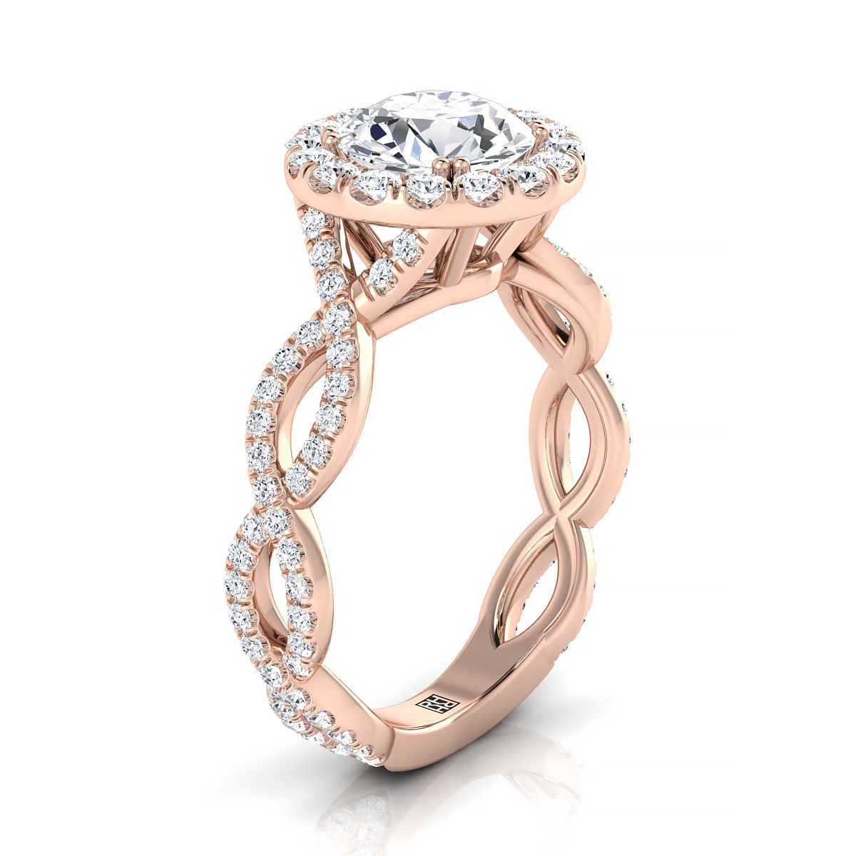 14K Rose Gold Round Brilliant Diamond Ribbon Twist French Pave Halo Engagement Ring -3/4ctw