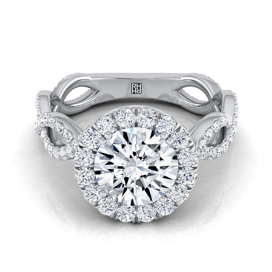 18K White Gold Round Brilliant Diamond Ribbon Twist French Pave Halo Engagement Ring -3/4ctw