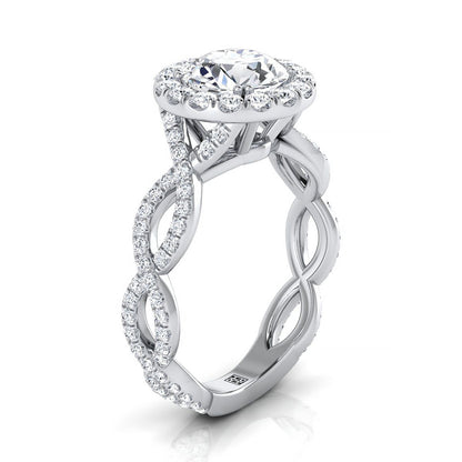 Platinum Round Brilliant Diamond Ribbon Twist French Pave Halo Engagement Ring -3/4ctw