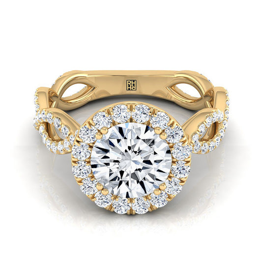 14K Yellow Gold Round Brilliant Diamond Ribbon Twist French Pave Halo Engagement Ring -3/4ctw
