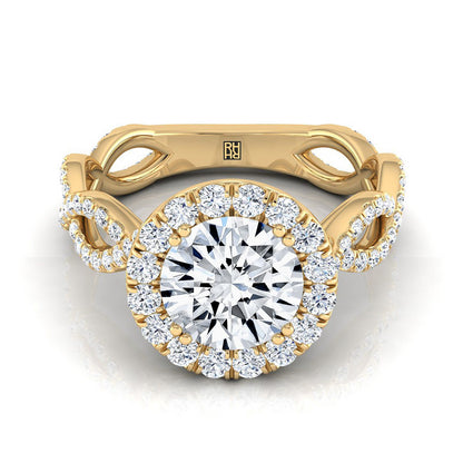 18K Yellow Gold Round Brilliant Diamond Ribbon Twist French Pave Halo Engagement Ring -3/4ctw