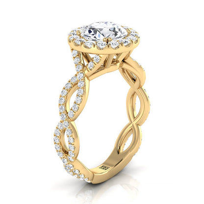14K Yellow Gold Round Brilliant Diamond Ribbon Twist French Pave Halo Engagement Ring -3/4ctw