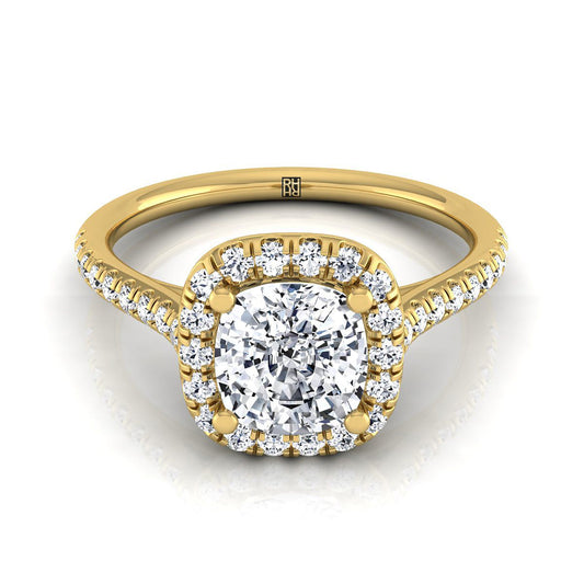 14K Yellow Gold Cushion Diamond Simple Prong Set Halo Engagement Ring -1/3ctw