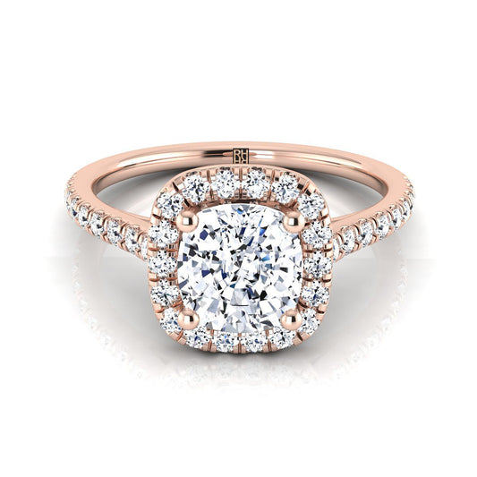 14K Rose Gold Cushion Diamond Pave Halo Engagement Ring -1/3ctw