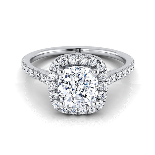 14K White Gold Cushion Diamond Pave Halo Engagement Ring -1/3ctw