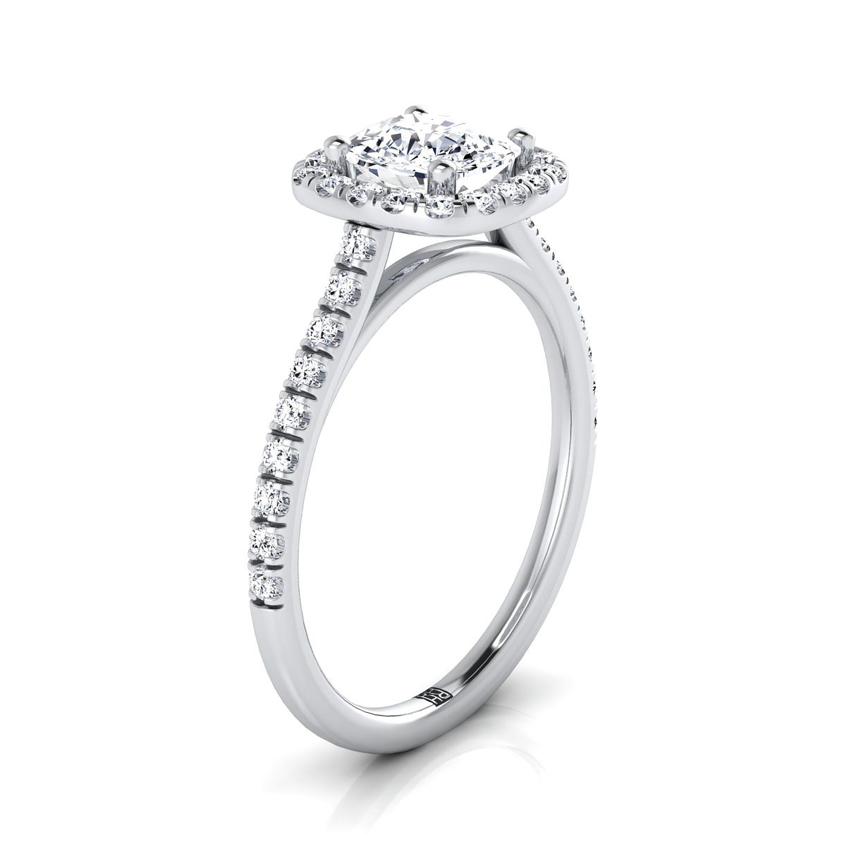 18K White Gold Cushion Diamond Pave Halo Engagement Ring -1/3ctw