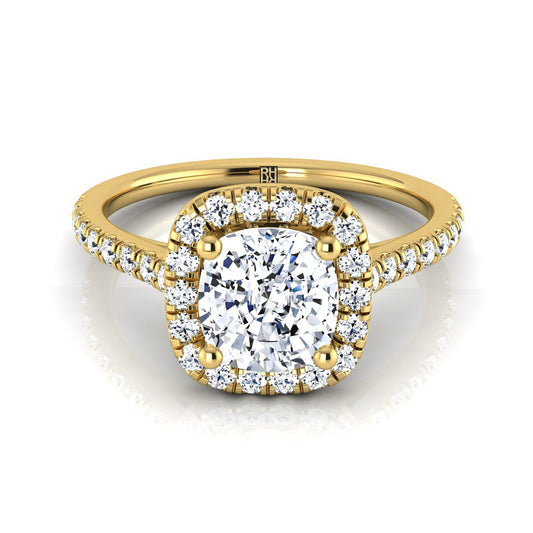 14K Yellow Gold Cushion Diamond Pave Halo Engagement Ring -1/3ctw
