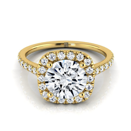 18K Yellow Gold Round Brilliant Diamond Pave Halo Engagement Ring -1/3ctw