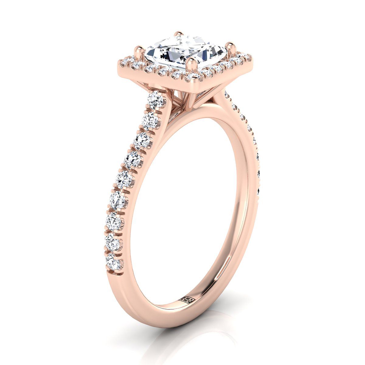 14K Rose Gold Princess Cut Diamond Shared Prong Halo with French Pave Engagement Ring -3/8ctw