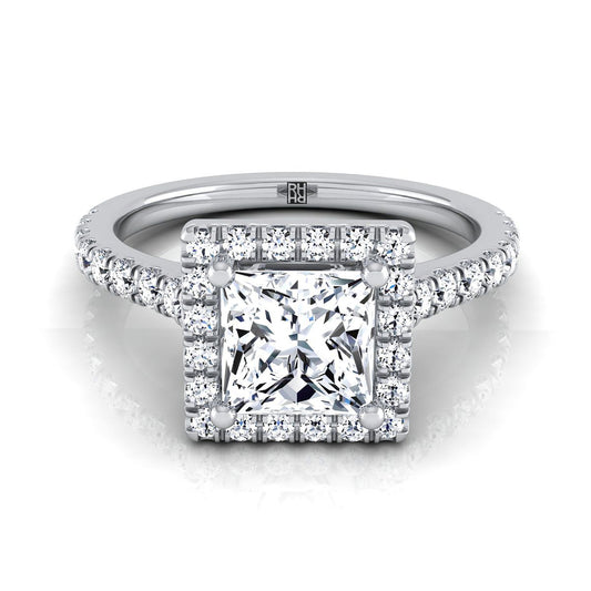 18K White Gold Princess Cut Diamond Shared Prong Halo with French Pave Engagement Ring -3/8ctw