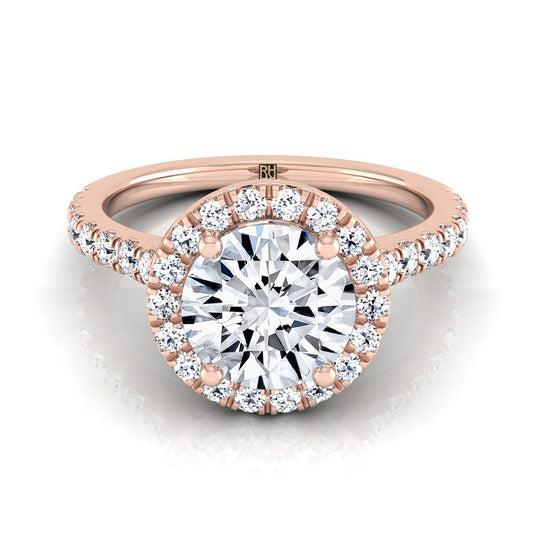 14K Rose Gold Round Brilliant Diamond Shared Prong Halo with French Pave Engagement Ring -3/8ctw