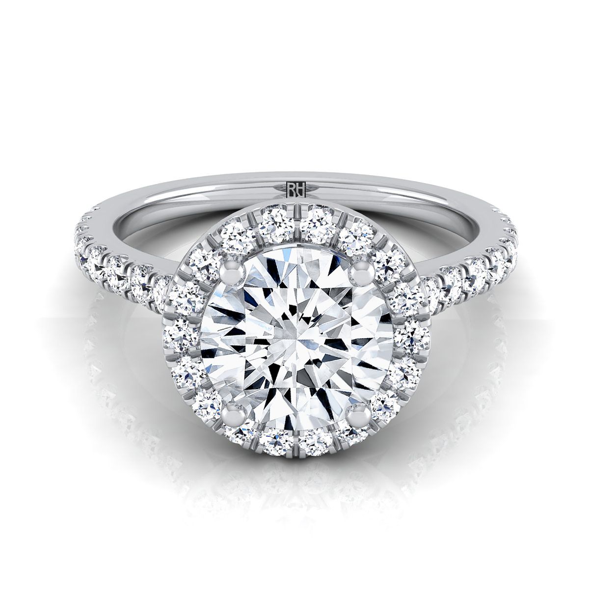 18K White Gold Round Brilliant Diamond Shared Prong Halo with French Pave Engagement Ring -3/8ctw