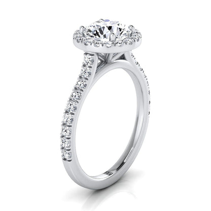 18K White Gold Round Brilliant Diamond Shared Prong Halo with French Pave Engagement Ring -3/8ctw