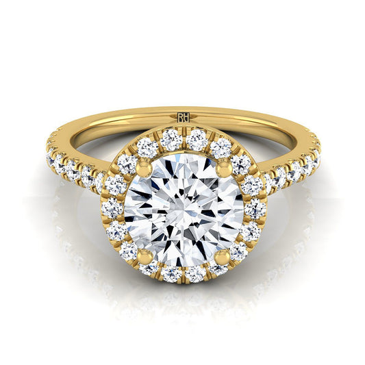 18K Yellow Gold Round Brilliant Diamond Shared Prong Halo with French Pave Engagement Ring -3/8ctw