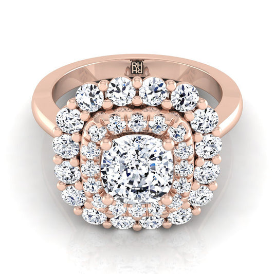 14K Rose Gold Cushion Diamond Double Halo Floral Sunburst Engagement Ring -1ctw
