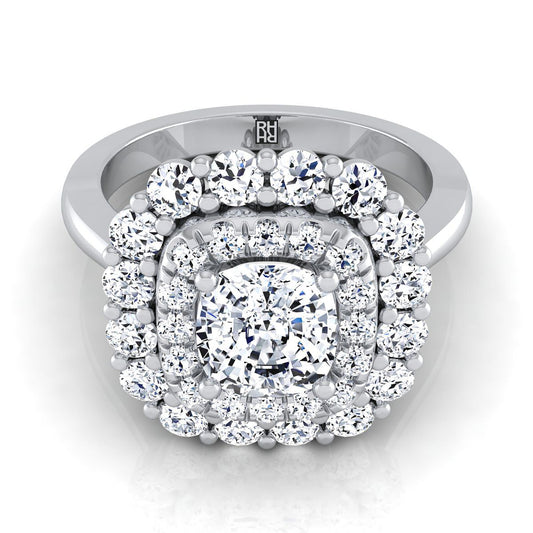 18K White Gold Cushion Diamond Double Halo Floral Sunburst Engagement Ring -1ctw