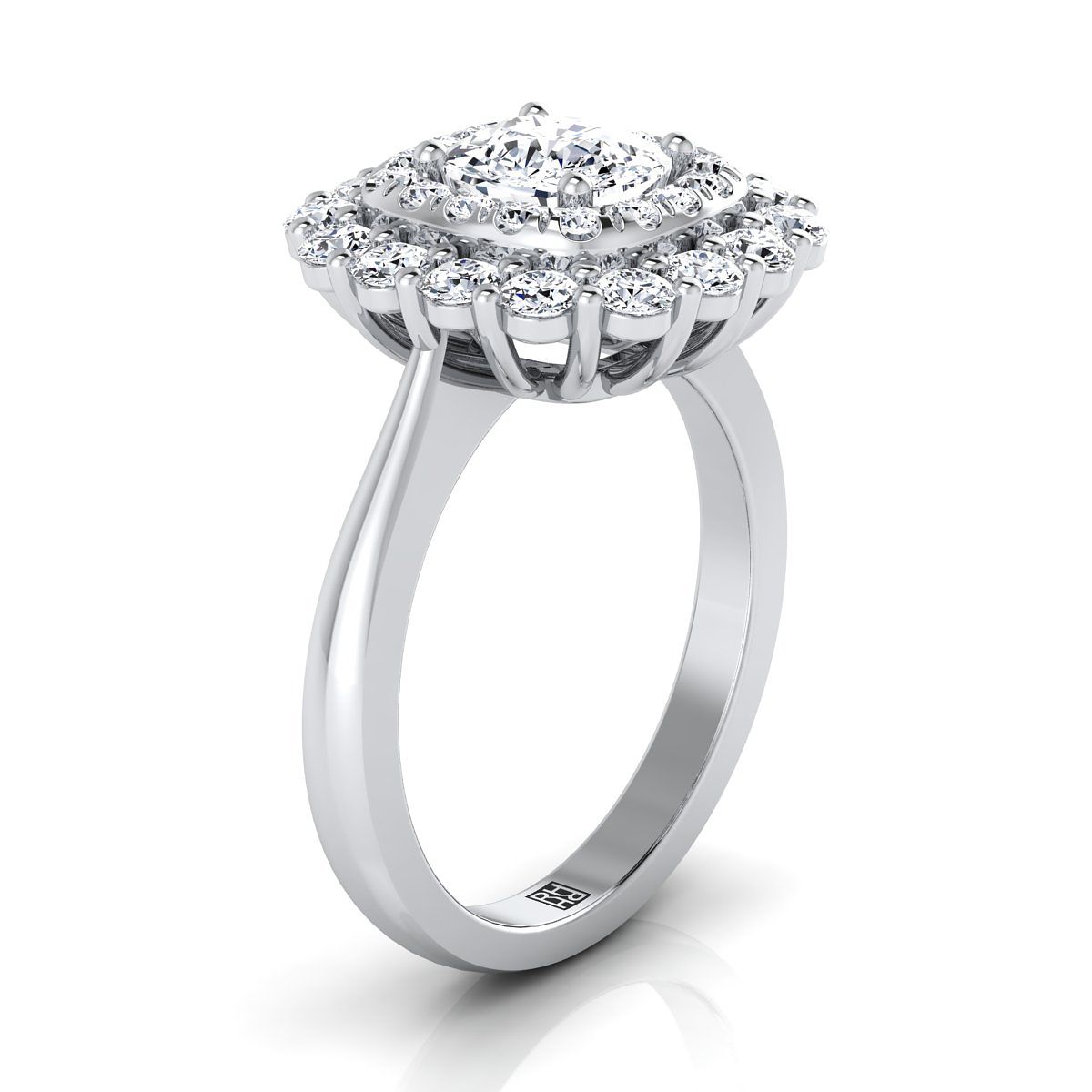 14K White Gold Cushion Diamond Double Halo Floral Sunburst Engagement Ring -1ctw