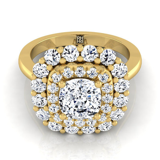 18K Yellow Gold Cushion Diamond Double Halo Floral Sunburst Engagement Ring -1ctw