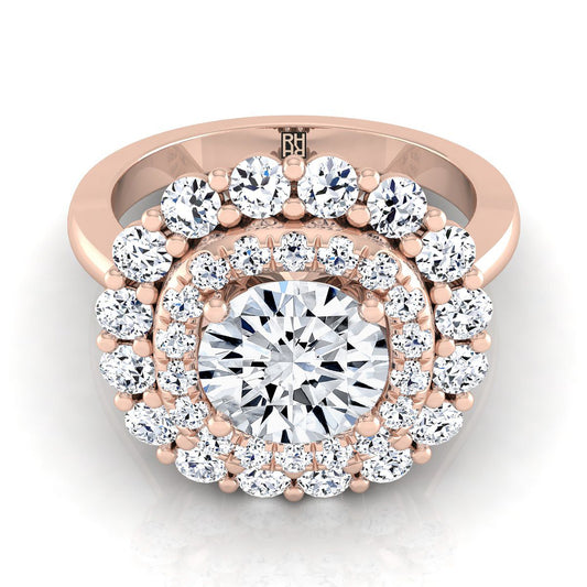 14K Rose Gold Round Brilliant Diamond Double Halo Floral Sunburst Engagement Ring -1ctw