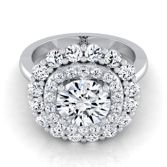 14K White Gold Round Brilliant Diamond Double Halo Floral Sunburst Engagement Ring -1ctw