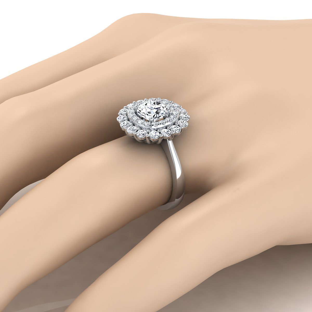 18K White Gold Round Brilliant Diamond Double Halo Floral Sunburst Engagement Ring -1ctw