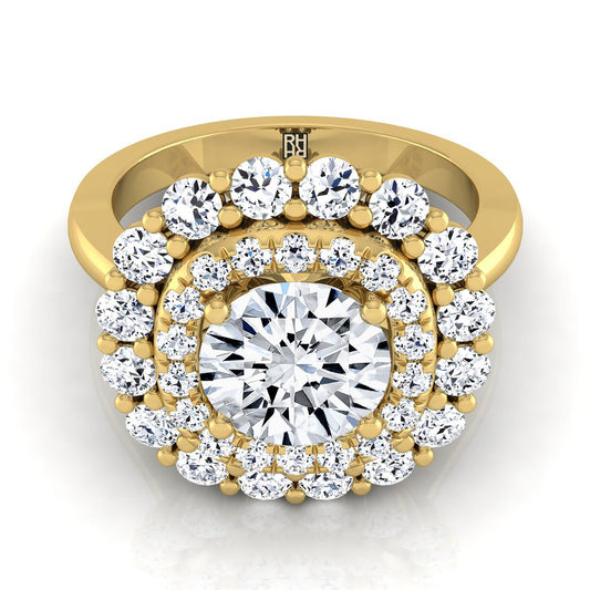 18K Yellow Gold Round Brilliant Diamond Double Halo Floral Sunburst Engagement Ring -1ctw