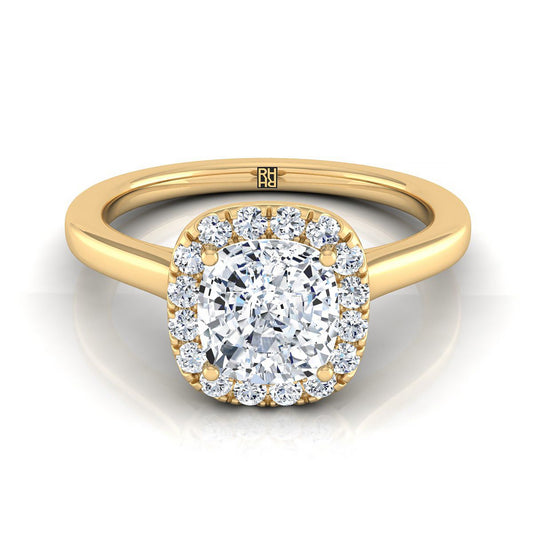 14K Yellow Gold Cushion Diamond Modern Halo French Pave Engagement Ring -1/6ctw