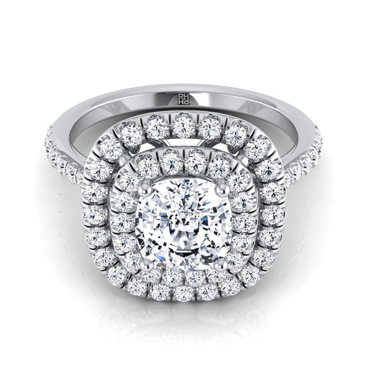 14K White Gold Cushion Diamond Double Halo Scalloped Pavé Engagement Ring -1/2ctw