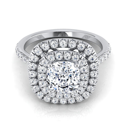 18K White Gold Cushion Diamond Double Halo Scalloped Pavé Engagement Ring -1/2ctw