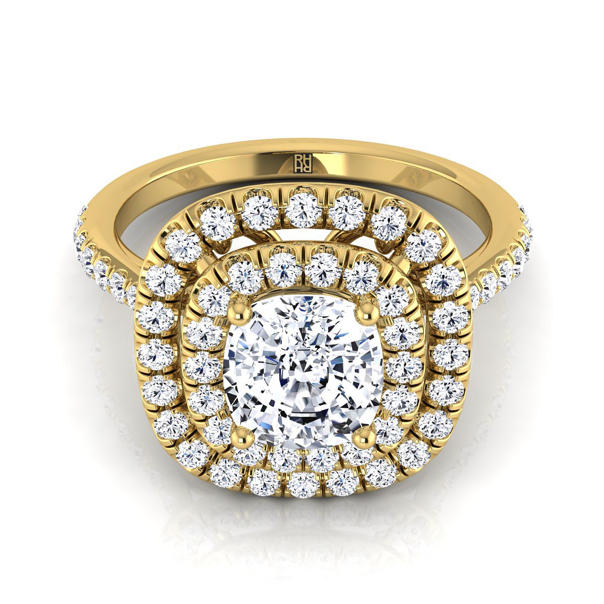 18K Yellow Gold Cushion Diamond Double Halo Scalloped Pavé Engagement Ring -1/2ctw