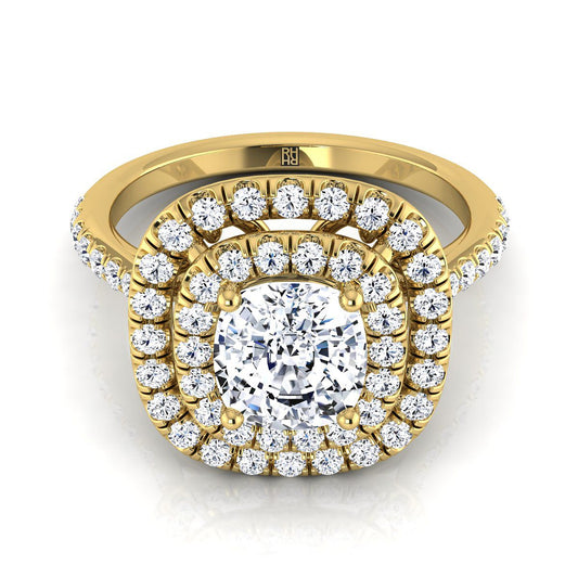 14K Yellow Gold Cushion Diamond Double Halo Scalloped Pavé Engagement Ring -1/2ctw