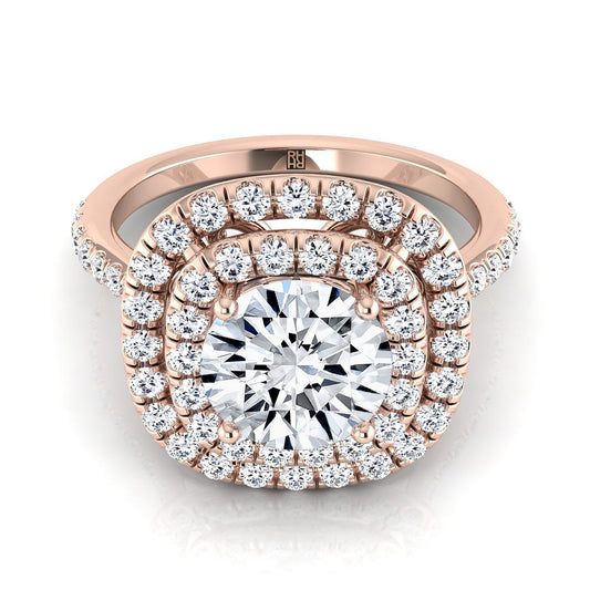 14K Rose Gold Round Brilliant Diamond Double Halo Scalloped Pavé Engagement Ring -1/2ctw