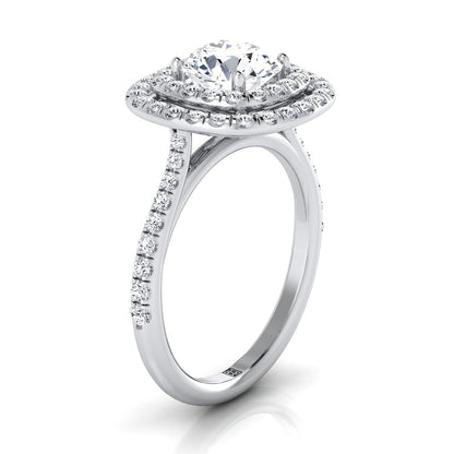 18K White Gold Round Brilliant Diamond Double Halo Scalloped Pavé Engagement Ring -1/2ctw
