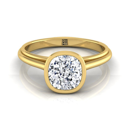 14K Yellow Gold Cushion  Bezel Halo Cathedral Solitaire Engagement Ring