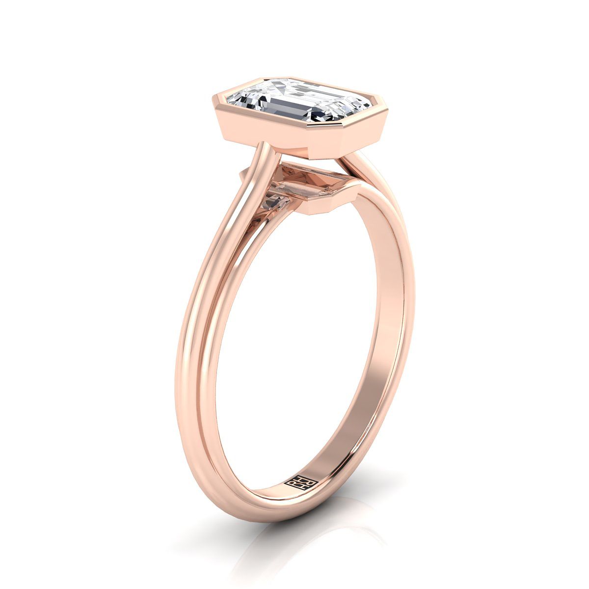 14K Rose Gold Emerald Cut  Bezel Halo Cathedral Solitaire Engagement Ring