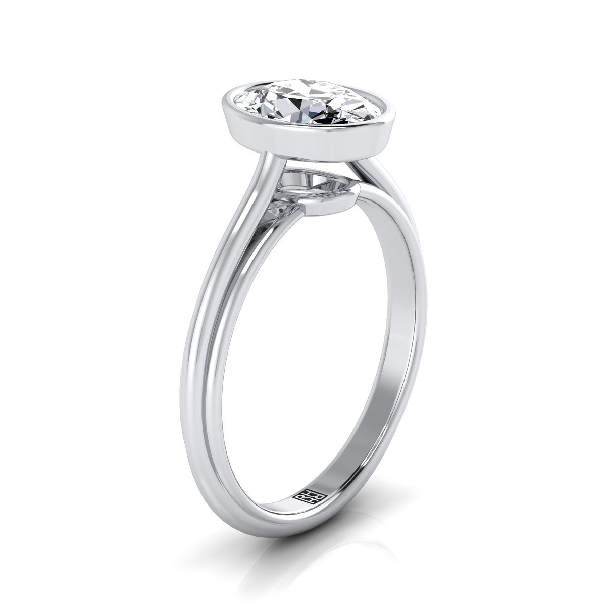 14K White Gold Oval  Bezel Halo Cathedral Solitaire Engagement Ring