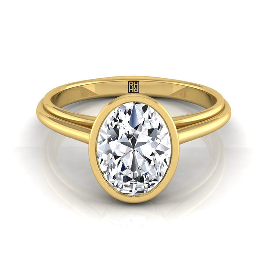 18K Yellow Gold Oval  Bezel Halo Cathedral Solitaire Engagement Ring