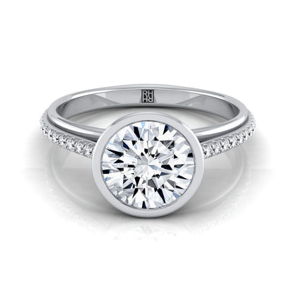 18K White Gold Round Brilliant Diamond Linear Modern Bezel Engagement Ring -1/10ctw