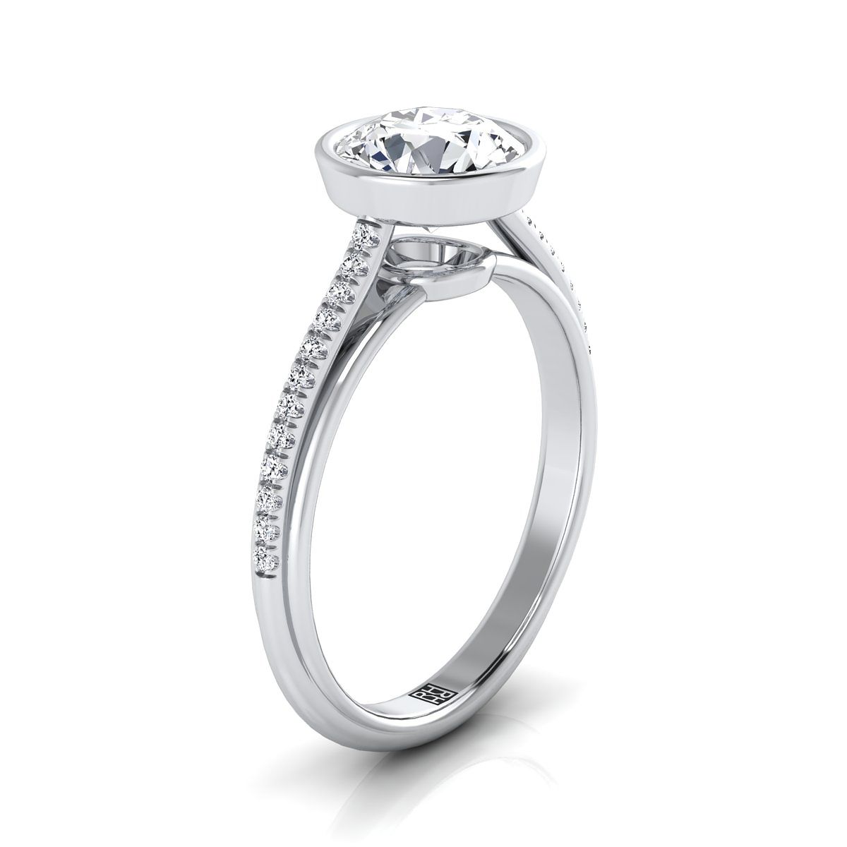 18K White Gold Round Brilliant Diamond Linear Modern Bezel Engagement Ring -1/10ctw
