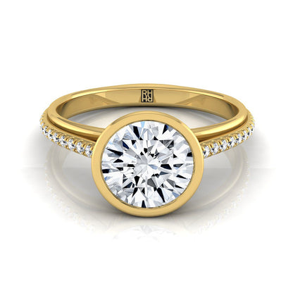 18K Yellow Gold Round Brilliant Diamond Linear Modern Bezel Engagement Ring -1/10ctw