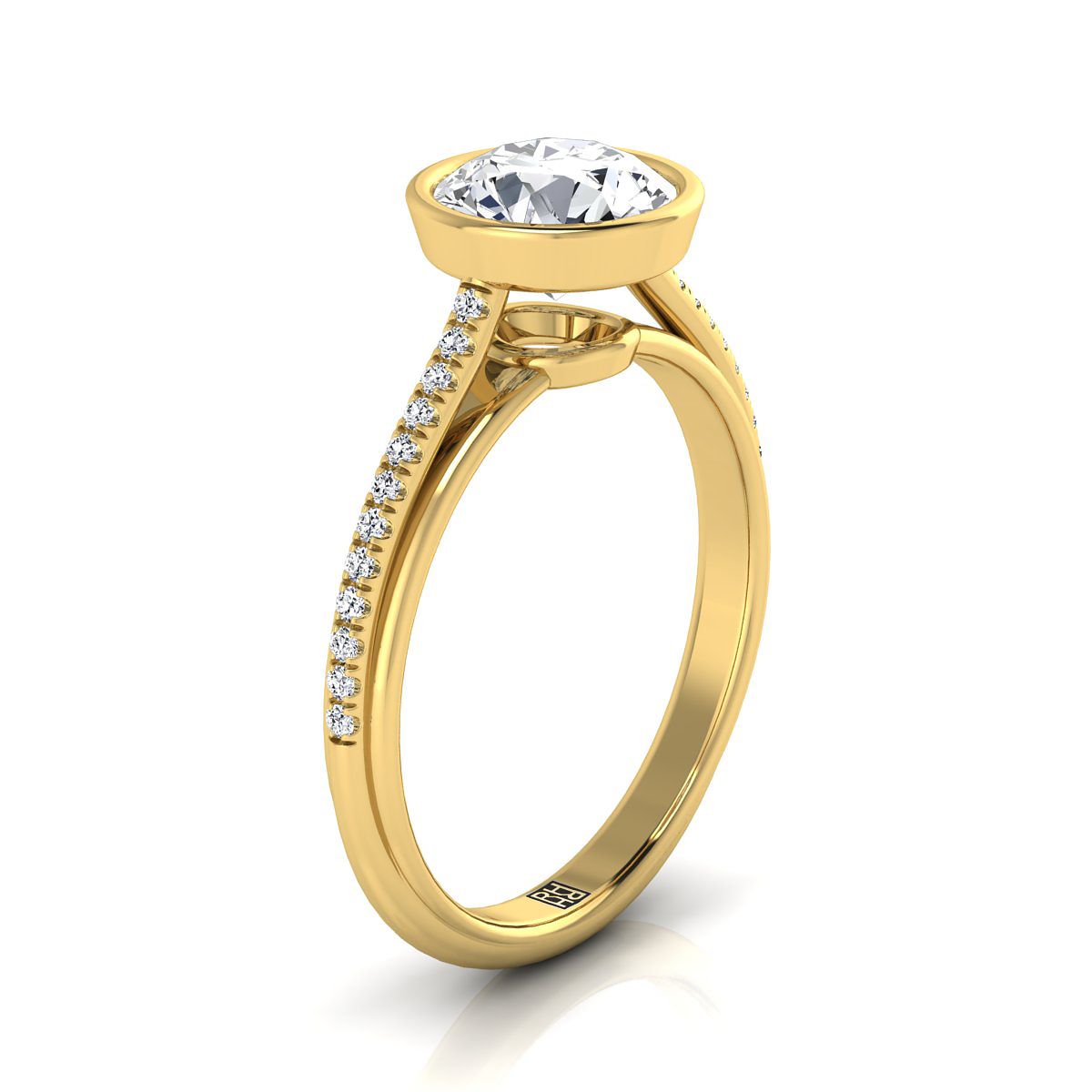 18K Yellow Gold Round Brilliant Diamond Linear Modern Bezel Engagement Ring -1/10ctw