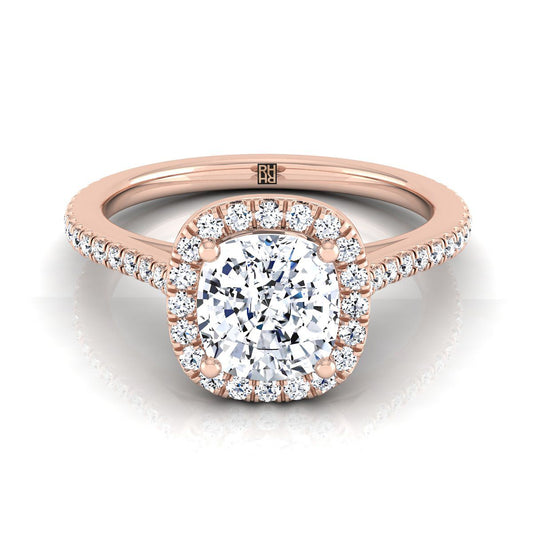 14K Rose Gold Cushion Classic French Pave Halo and Linear Engagement Ring -1/4ctw
