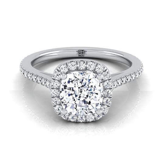 14K White Gold Cushion Classic French Pave Halo and Linear Engagement Ring -1/4ctw