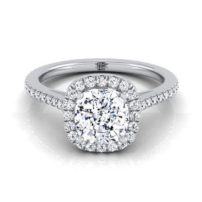 18K White Gold Cushion Classic French Pave Halo and Linear Engagement Ring -1/4ctw