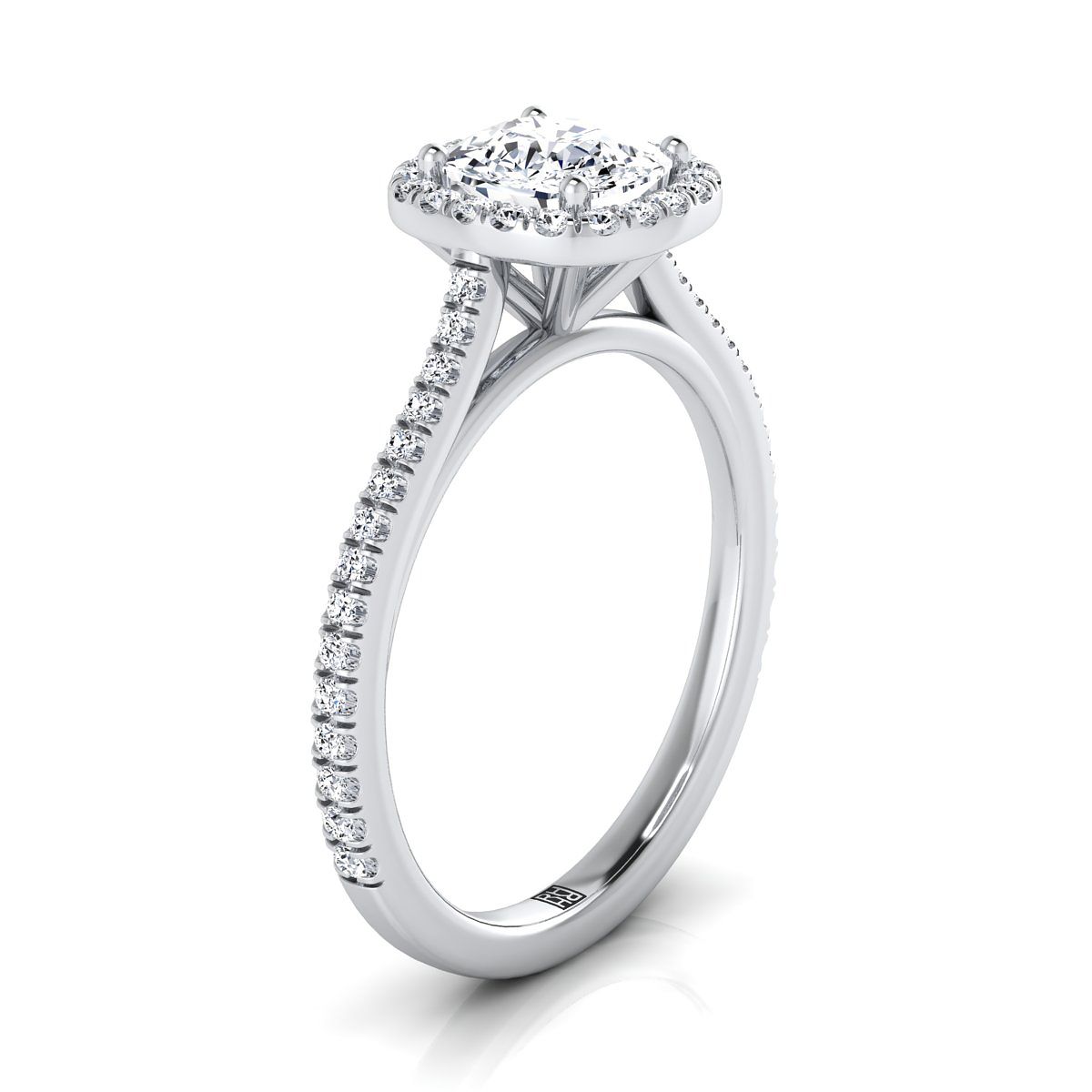 18K White Gold Cushion Classic French Pave Halo and Linear Engagement Ring -1/4ctw