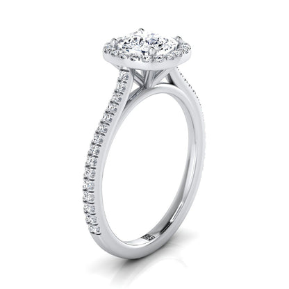 14K White Gold Cushion Classic French Pave Halo and Linear Engagement Ring -1/4ctw