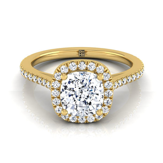 14K Yellow Gold Cushion Classic French Pave Halo and Linear Engagement Ring -1/4ctw