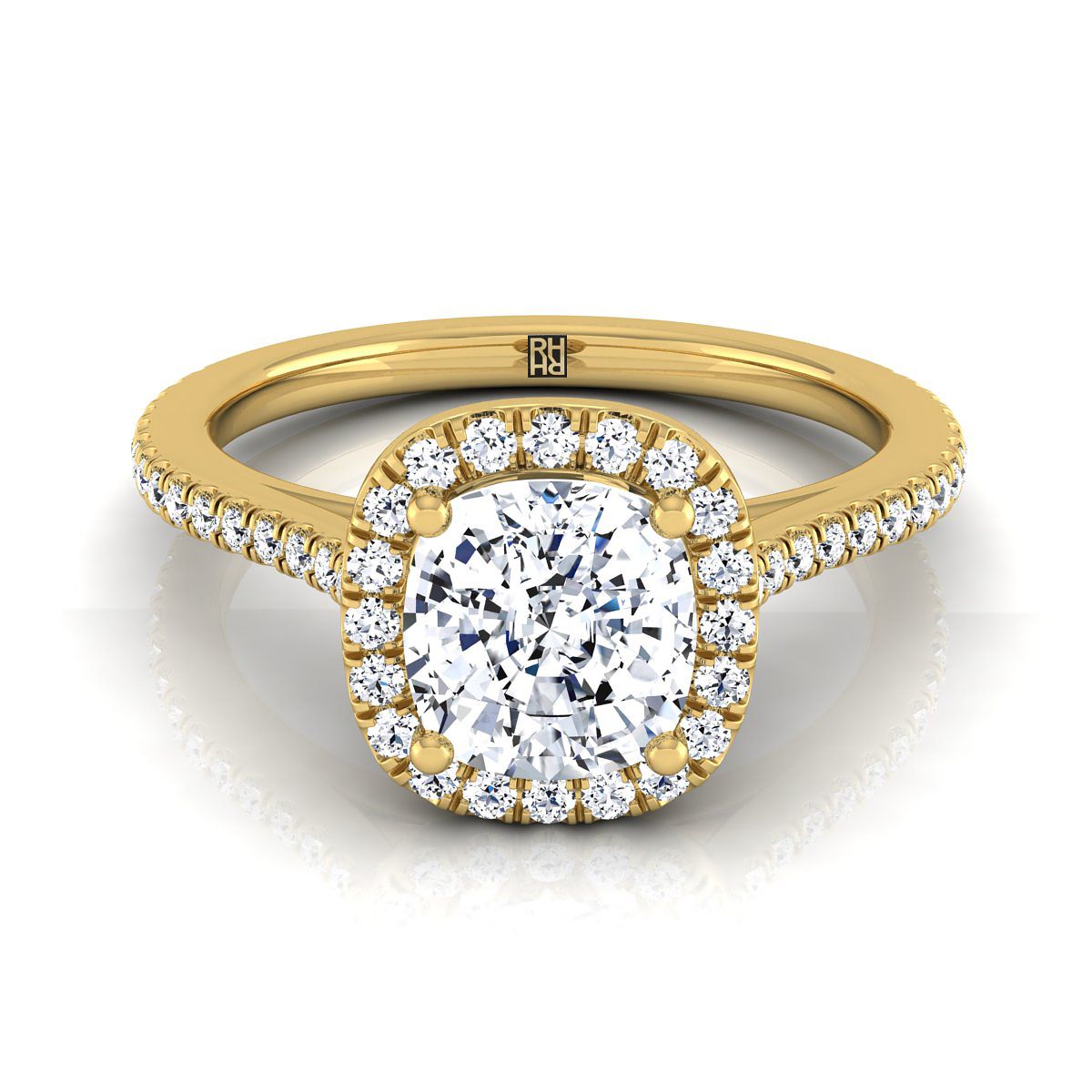 18K Yellow Gold Cushion Classic French Pave Halo and Linear Engagement Ring -1/4ctw