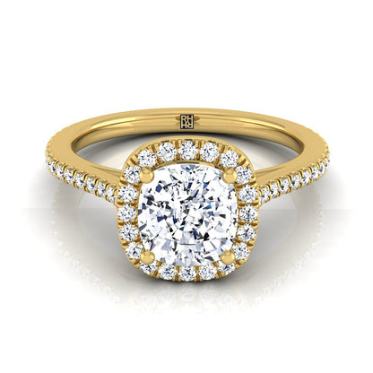 18K Yellow Gold Cushion Classic French Pave Halo and Linear Engagement Ring -1/4ctw