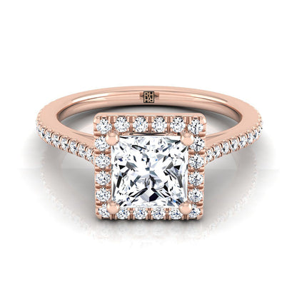 14K Rose Gold Princess Cut Classic French Pave Halo and Linear Engagement Ring -1/4ctw